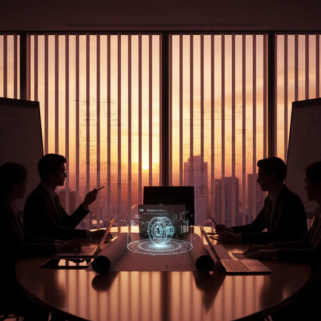 Situations-Aufnahme eines Besprechungsraums mit einem zentralen Tisch. Blick auf ein Team, zwei oder Mehrere Personen, die im Gespräch sind. Auf dem Tisch ist ein Hologramm oder T oder Technisches Bauteil in Explosionszeichnung zu sehen. Man denkt sofort an technische Beratung und Problemlösung. Die Glasfasade und Fensterfront gibt den Blick auf eine Skyline frei. Diese wird über die gesamte Länge von vertikalen Lamellen unterbrochen. Ein warmes Licht wie bei Sonnenauf oder Untergang tauscht das ganze in einen warmen Farbton. Die Siluetten der Teilnehmer sind zu erkennen so dass sie sich gegen den Hintergrund abheben. Die Szene vermittelt Professionalität und Teamarbeit und strategische Planung im Unternehmensumfeld.