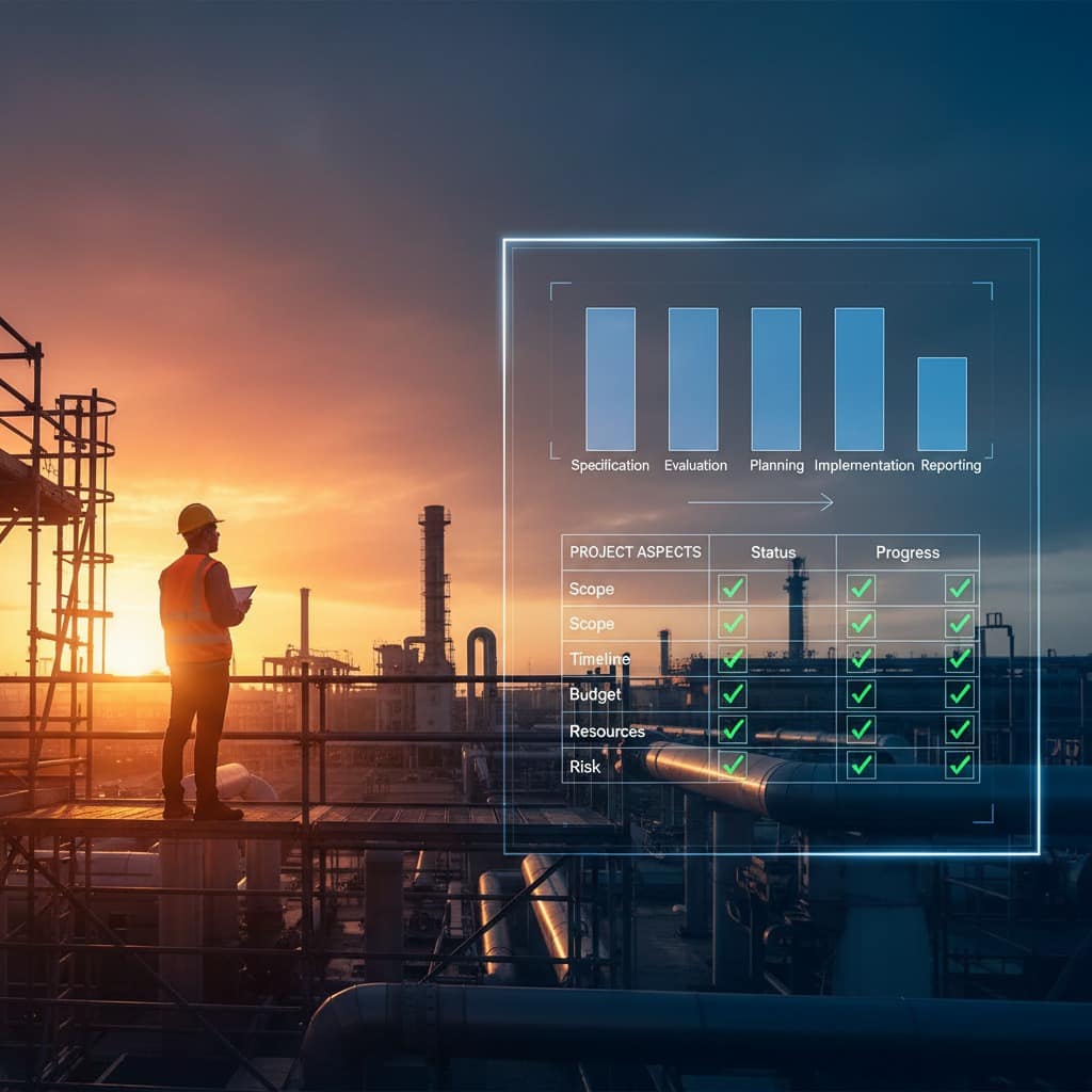Eine Person im Werks- oder Produktionsumfeld ist zu sehen, Schutzhelm und Sicherheitsweste. Er steht auf einer Platform einer Industrieanlage bei Sonnenunterg, der zu einem Farbübergang führt von links nach rechts, maximal realisitisch. Die rechte Seite soll mit einem Diagram verbunden werden. Dieses ist eine Darstellung eines agilen Projektmanagement-Prozesses. Die Infografik zeigt verschiedene Phasen des Qualitätsmanagement. Dieser Bezug stellt sich bei Fachkundigen Betrachter sofort ein und Erinnert an Safety, Qualitätsplanung, Prüfung und Freigabe da diese Inhalte im Diagramm gerade noch zu entziffern sind.