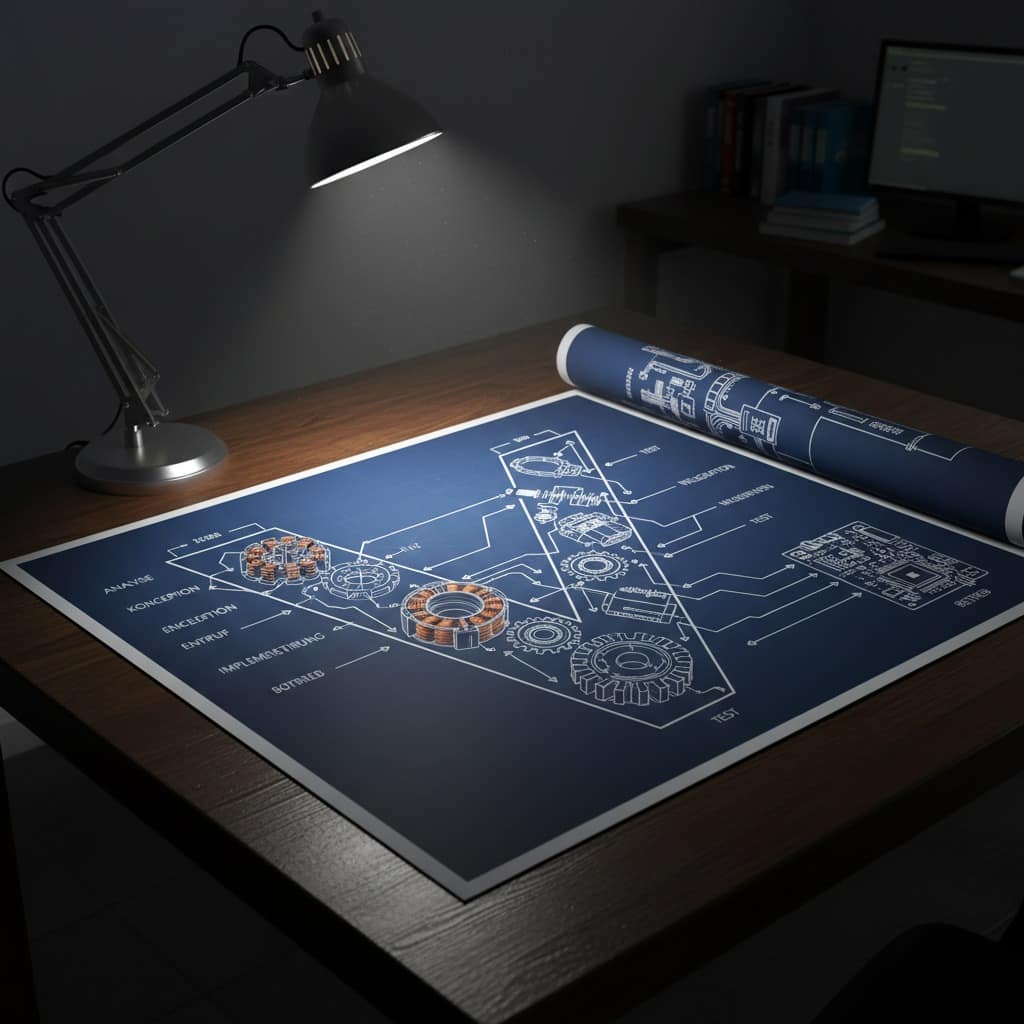 V-Modell und den Entwicklungsprozess sind auf einem ausgerollten Plan oder Zeichnung zu erkennen. Im V Selbst sind viele technsiche Inhalte und Details gezeigt wie z.B. elektrischer Magnet mit Spue oder Teil eines Motors, weiterhin Zahnrad, Kolben, elektrische Schemata usw. Der Plan ist sonst in Blau gehalten und liegt auf einem Holztisch. Eine Lampe wirft einen Lichtkegel auf die Mechatronische Zeichnung, weiterhin zu sehen sind Anmerkungen wie sie typisch für ein ingenieurstechnsiches Dokument sind, Pfleiche und Verbindunglinien. Teile des Dokuments im Halbschatten ebenso bleibt der Rest des Raumes bis auf einen kleinen Teil somit in leichtem Dunkeln. Tiefgehendes Technisches Verständnis und systematische und methodische Arbeeitsweise gehen von dem Bild aus.