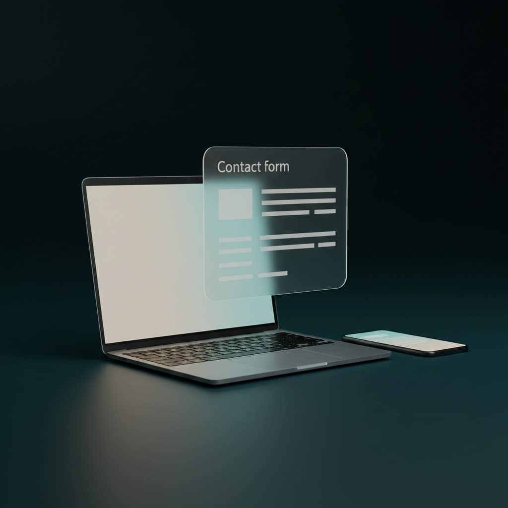 Das Bild zeigt einen modernen digitalen Arbeitsplatz mit einem Laptop und einem Smartphone, die auf einer dunklen Oberfläche stehen. Über dem geöffneten Laptop schwebt eine halbtransparente grafische Darstellung eines Kontaktformulars mit typischen Eingabefeldern wie Name, E‑Mail und Nachricht. Der Hintergrund ist minimalistisch gehalten und zeigt einen sanften Farbverlauf, der die technische und professionelle Atmosphäre unterstreicht. Das Smartphone steht rechts neben dem Laptop und ergänzt die Szene als mobiles Endgerät. Das Bild vermittelt den Eindruck eines klar strukturierten, digitalen Kommunikationsprozesses, wie er für Kontaktseiten moderner Unternehmenswebseiten typisch ist.