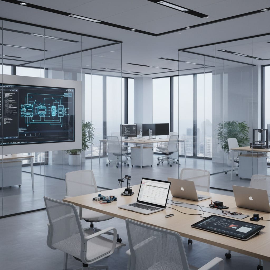 Ein heller und in großen Teilen fast weiss gehaltener Büroraum. Im Vordergrund ein moderner Schreibtisch auf dem sich zum Beispiel ein Laptop, innovative kleinere Geräte sowie ein großflächiges Touchscreen befinden. Weitere Lampen und Laptops. Der Foksus liegt jedoch in der Tiefe des Büroraums, über die Etage lassen sich durch iene gläserne Trennwand noch einige weitere größere Büroräume als Shared Desk Bereiche deutlich sehen. Dahinter wiederum große Fenster. Links im Bild, innerhalb des im Vordergrund liegenden Raumes ist eine Großer Flatscreen mit einer Berichtsoberfläche zu sehen. Das Bild bringt klare, strukturierte Arbeitsweise und Zielorientierung in einem innovativen Umfeld zum Ausdruck.