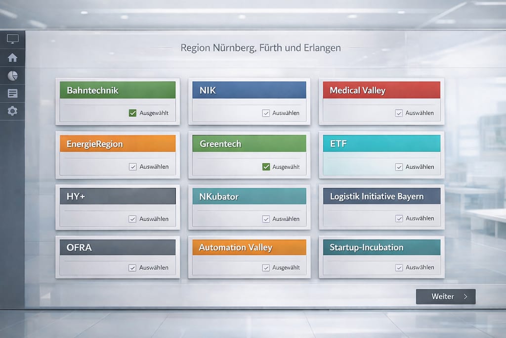 Das Bild zeigt eine digitale Benutzeroberfläche, auf der verschiedene regionale Initiativen und Netzwerke aus der Region Nürnberg, Fürth und Erlangen in farbigen Rechteckfeldern dargestellt sind. Jede Initiative besitzt eine Schaltfläche zum Auswählen, teilweise mit dem Hinweis „Ausgewählt“. Zu sehen sind unter anderem Bahntechnik, Greentech, Automation Valley, Medical Valley, EnergieRegion, NKubator, Logistik Initiative Bayern und weitere Cluster. Die Gestaltung wirkt modern und übersichtlich, mit klar strukturierten Auswahlfeldern. Eine Übersichtliche Darstellung regionaler Innovations- und Wirtschaftsnetzwerke.