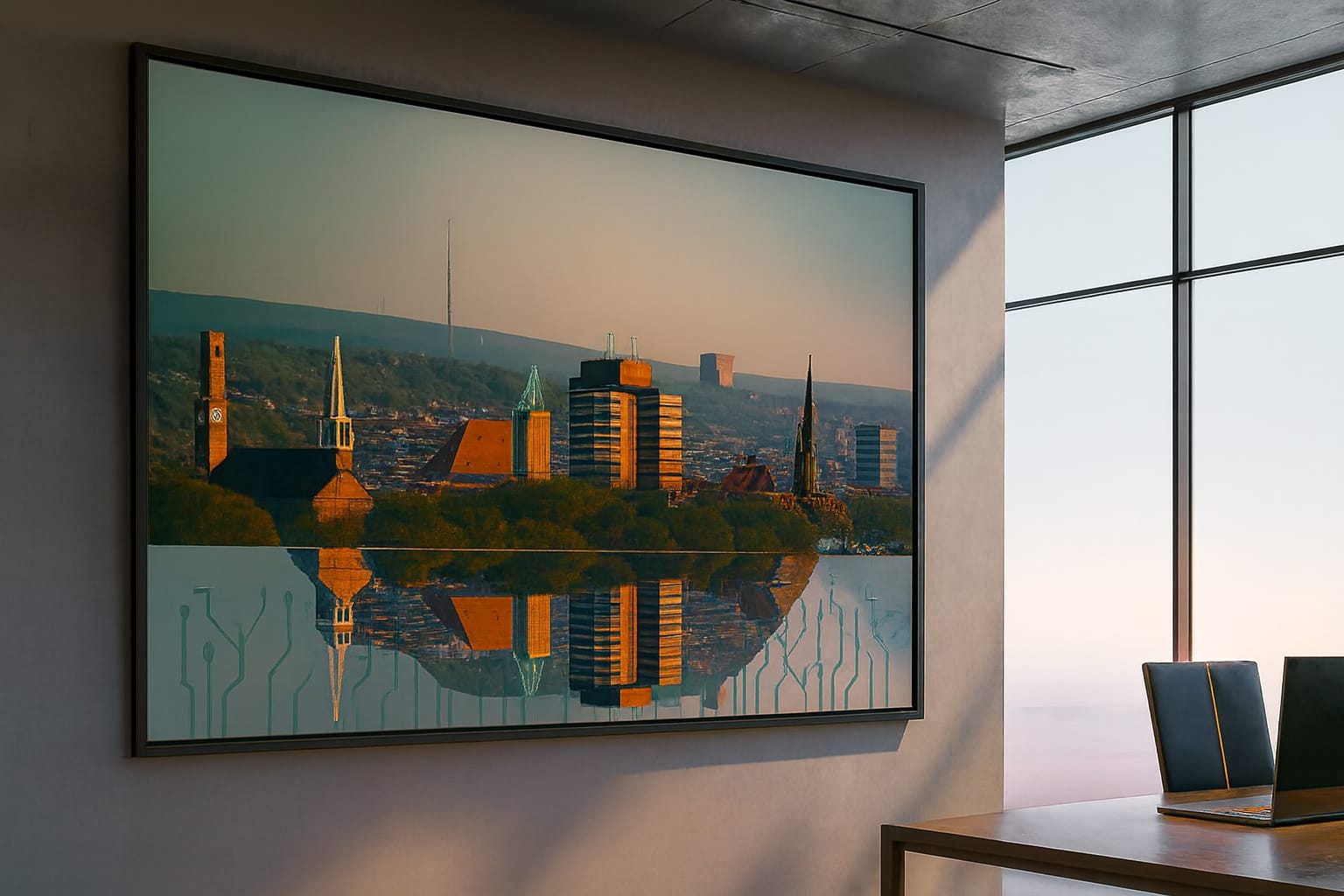 Das Bild zeigt einen modernen Innenraum mit einem gerahmten Wandbild, das eine stilisierte Stadtansicht darstellt. Zu sehen sind verschiedene Gebäude, darunter Kirchtürme, moderne Bürogebäude und eine hügelige Landschaft im Hintergrund. Im unteren Teil des Bildes spiegelt sich die Stadt, jedoch nicht wie in Wasser, sondern in einer abstrakten, technisch anmutenden Struktur mit linienartigen, schaltkreisähnlichen Mustern. Diese Kombination aus Stadtlandschaft und digitaler Struktur vermittelt den Eindruck von Verbindung zwischen realer urbaner Umgebung und moderner Technologie. Das Bild wirkt ruhig, professionell und eignet sich als visueller Akzent im oberen Bereich der Kontaktseite.