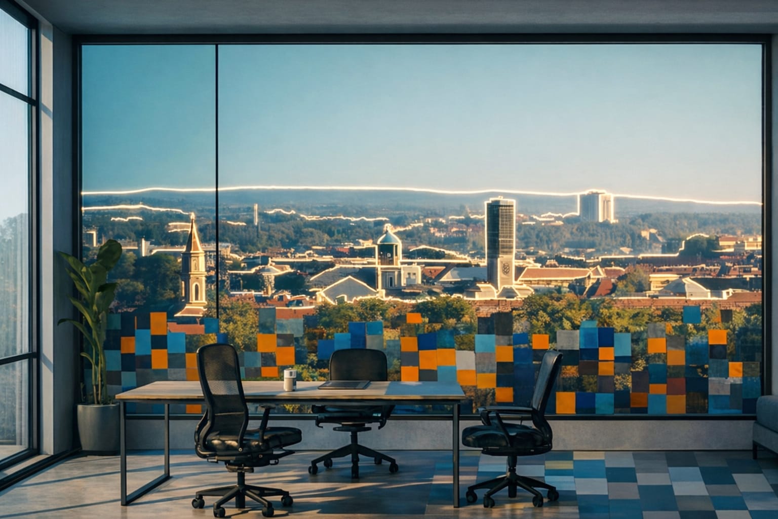 Große Fensterfront mit Blick auf eine Stadtlandschaft aus Kirchtürmen, Kuppeln und modernen Gebäuden vor einem bewaldeten Hügel. Unterer Fensterbereich mit farbigem Mosaik, die gesamte Skyline mit leicht leuchtenden Konturen.