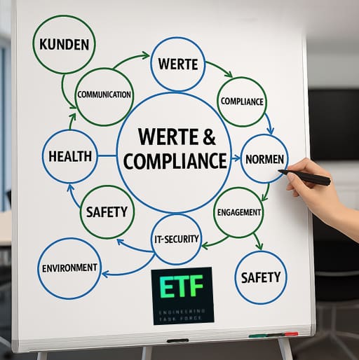 Das Bild zeigt ein Whiteboard, auf dem ein Diagramm zum Thema „Werte & Compliance“ dargestellt ist. In der Mitte steht ein großer Kreis mit dem Titel „WERTE & COMPLIANCE“. Darum herum sind mehrere kleinere Kreise angeordnet, die Begriffe wie Werte, Compliance, Normen, Engagement, IT‑Security, Safety, Environment, Health, Kommunikation und Kunden enthalten. Pfeile verbinden die einzelnen Elemente miteinander und verdeutlichen ihre Zusammenhänge. Unten auf dem Whiteboard befindet sich ein Logo mit der Aufschrift „ETF – Engineering Task Force“. Eine Hand mit einem Marker ist sichtbar, was auf eine aktive Präsentation oder Diskussion hinweist.